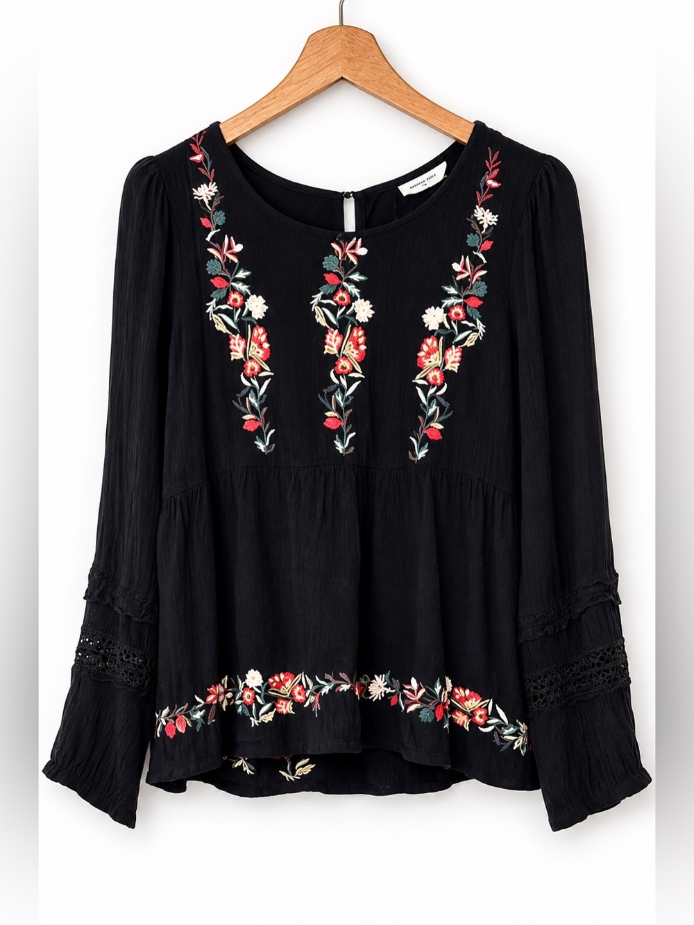 American Eagle Black Floral Embroidered Open Back Peasant Blouse Size Small